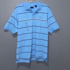 IZOD Polo Shirt Mens Med Blue Cotton Blend Striped Short Sleeve Preppy Classic